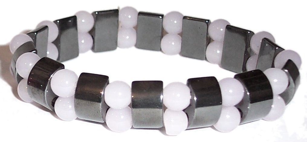 MAGNETIC HAEMATITE and WHITE CATS EYE BRACELET mg13w